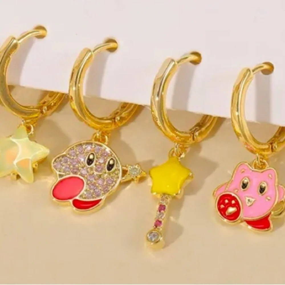 14K Gold Kirby Theme Huggie Hoop Dangle Mismatched Asymmetrical Earrings Set